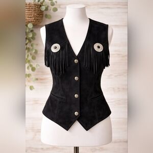 Vintage Cedars Women Black Leather Fringe Cowboy Vest Size M Western Cowgirl